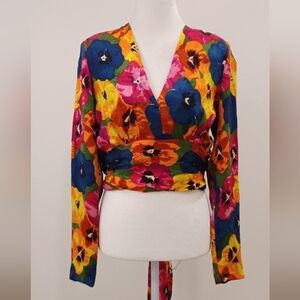 Vibrant Silk Floral Crop Top With HUGE Tie And Open Back With Matching Skirt
